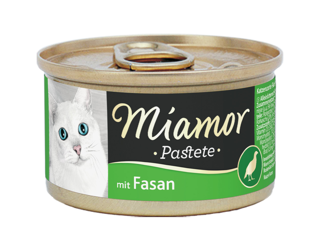 Miamor Pastete mit Fasan für Katzen, Geschmacksrichtung Fasan, grünes Etikett mit Katzenmotiv & Fasan-Symbol.