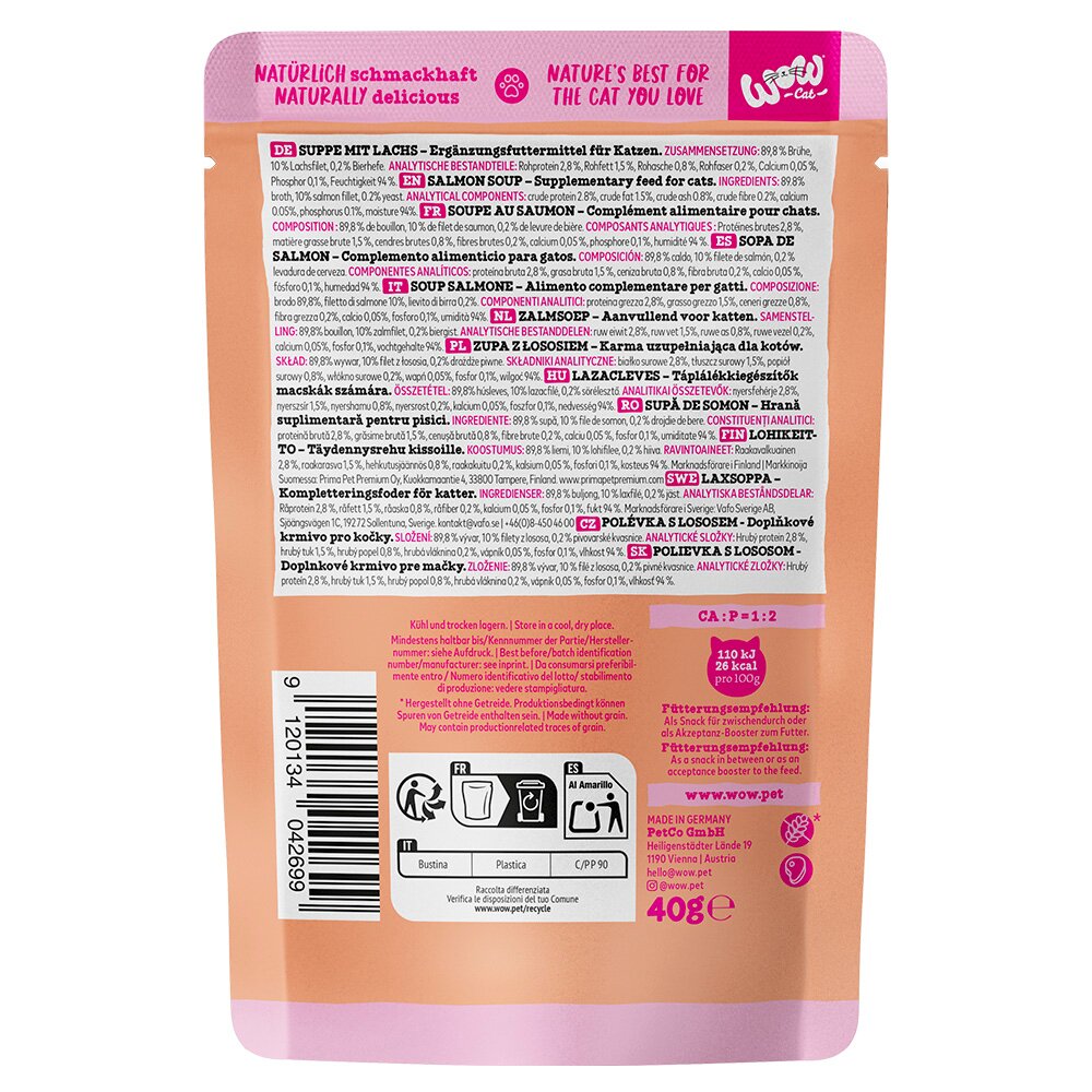 WOW CAT Suppe mit Lachs für Katzen, cremiger Snack, getreidefrei, 40 g Beutel, natürlich schmackhaft.