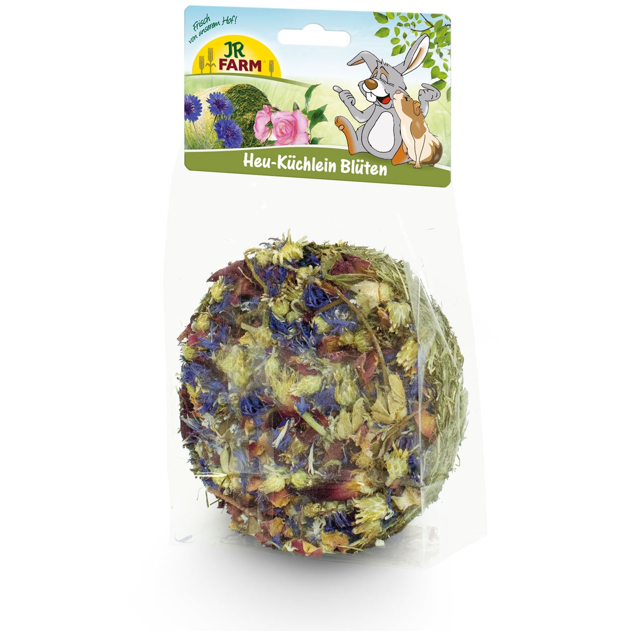 JR FARM Heu-Küchlein Blüten für Kleintiere, Geschmacksrichtung Blüten, naturnah, handgefertigt, 125 g Packung.