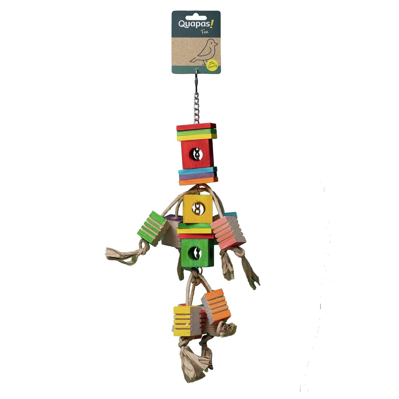 Quapas Vogelspielzeug „Quapas! Fun“ für Ziervögel, Holzblöcke & Papierstreifen, fördert Beschäftigung & Wohlbefinden.