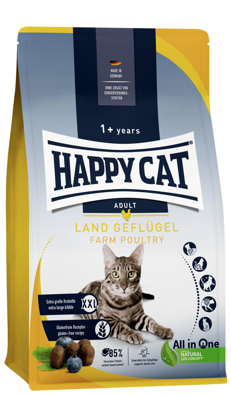 HAPPY CAT Adult Land-Geflügel, Katzenfutter ab 1 Jahr, Landgeflügel, glutenfrei, 85 % tierisches Protein, XXL-Kroketten, Zahnpflege.