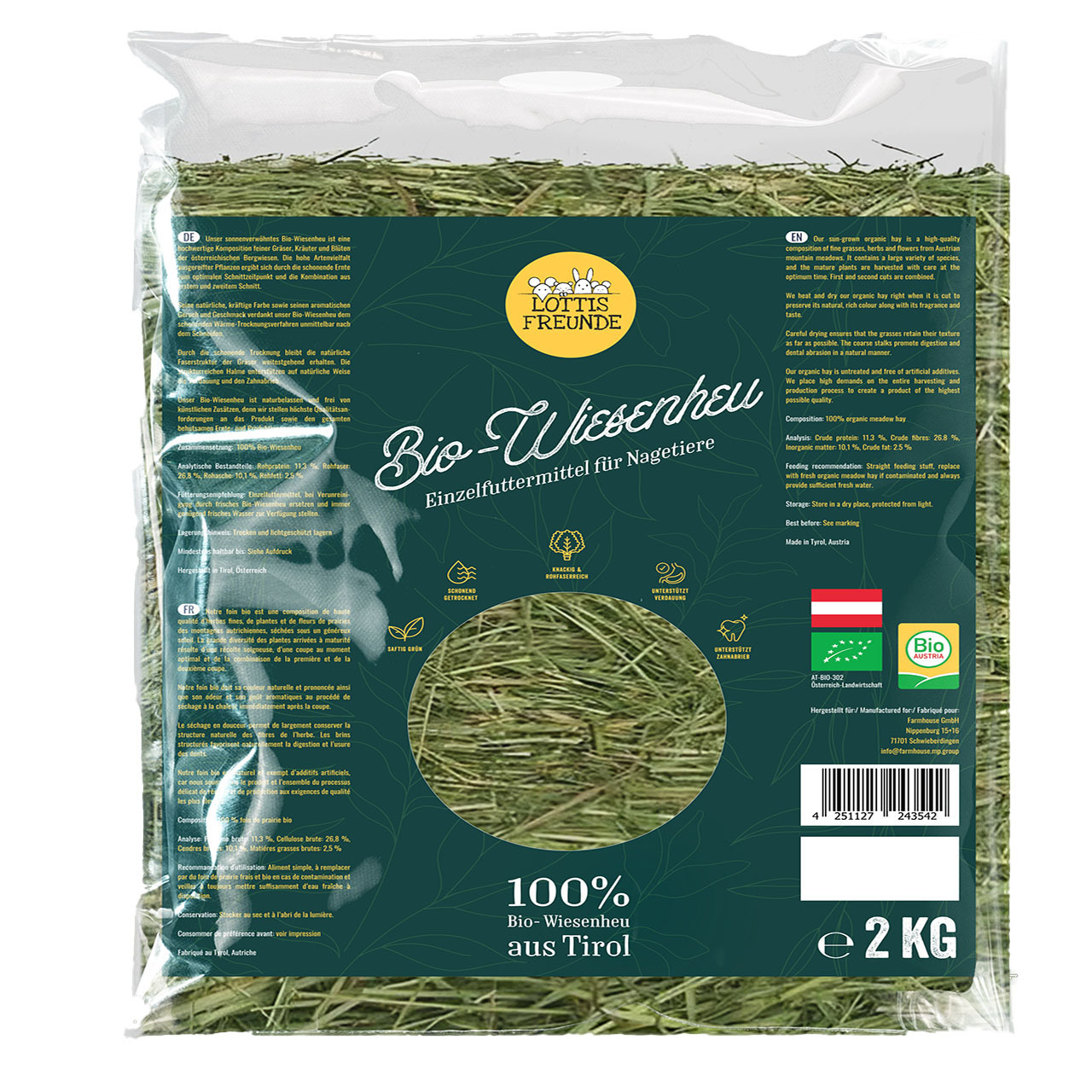 Das Bild zeigt eine Verpackung des Produkts „Lottis Freunde Bio-Wiesenheu“, ein Einzelfuttermittel für Nagetiere. Die Zielgruppe sind Kleintiere wie Kaninchen oder Meerschweinchen. Das Heu stammt aus Tirol und ist zu 100 % biologisch. Die Verpackung enthä