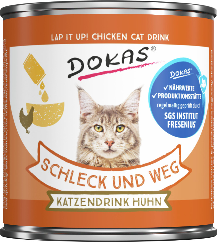 DOKAS Katzendrink „Schleck und Weg“, Huhn, für Katzen, mit Qualitätssiegel SGS Fresenius, orange Dose.
