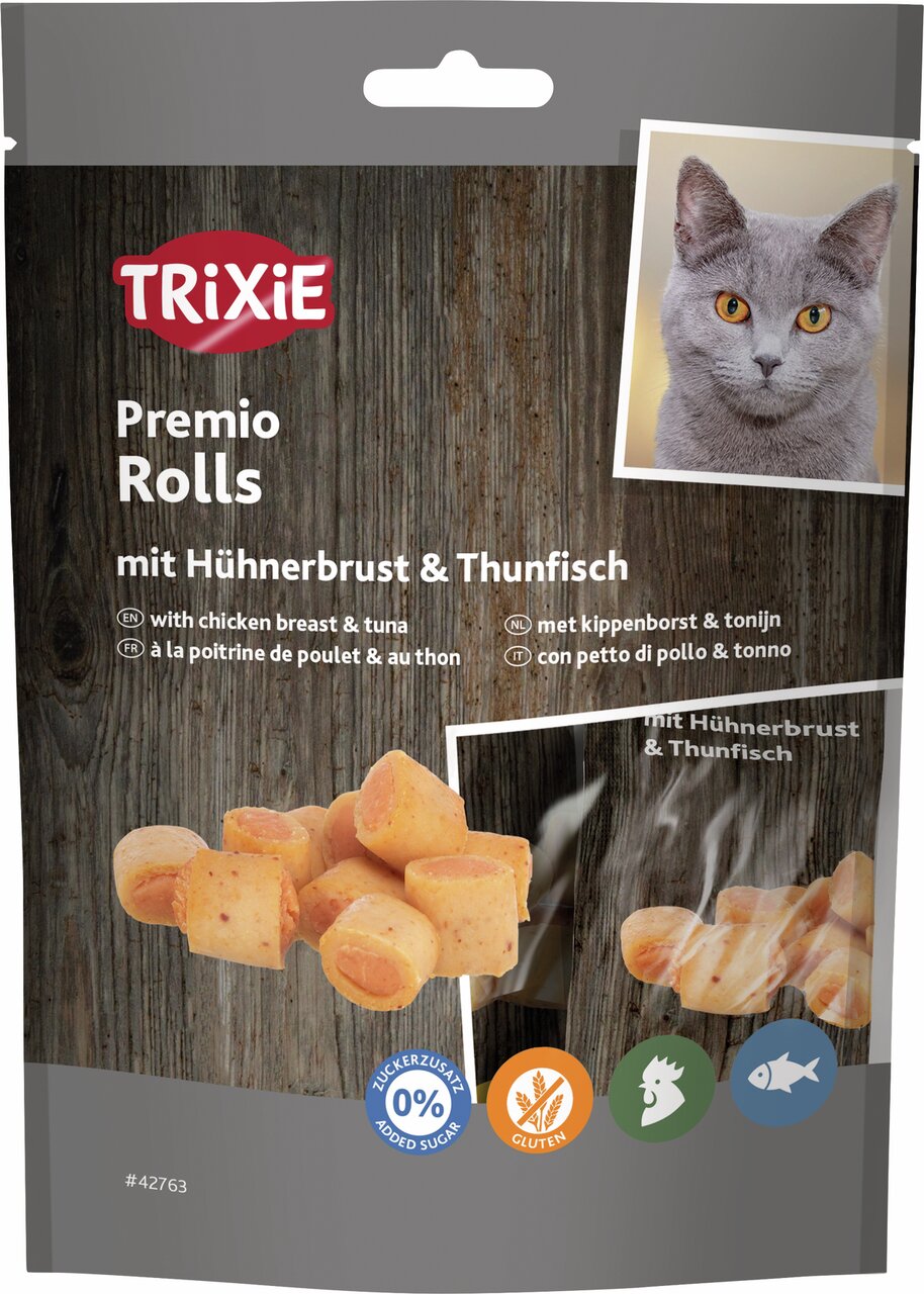 TRIXIE Premio Rolls Katzensnack mit Hühnerbrust & Thunfisch, 0% Zuckerzusatz, glutenfrei, 50 g, für Katzen.