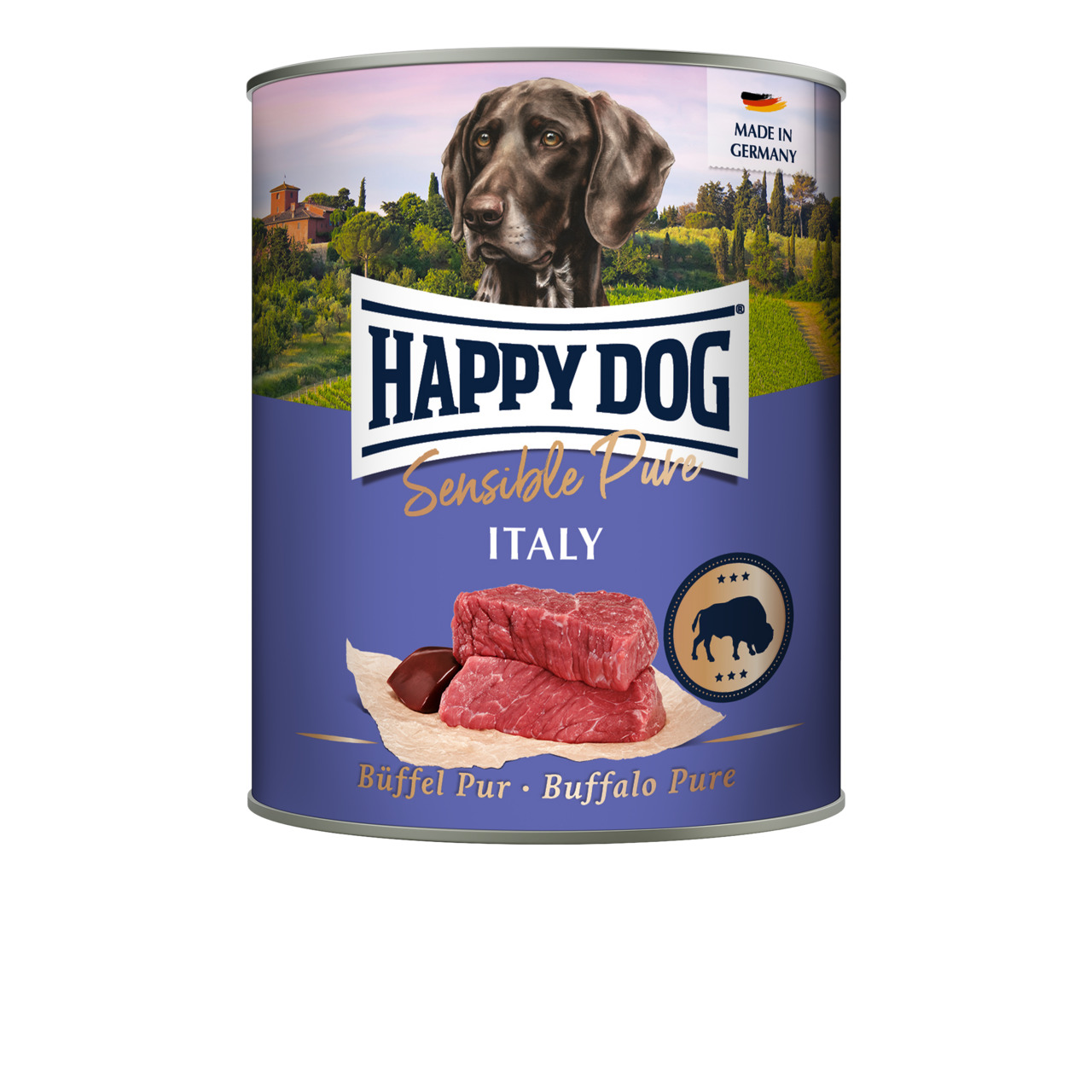 Das Bild zeigt eine Dose Hundefutter der Marke "HAPPY DOG" aus der Produktlinie "Sensible Pure" mit der Geschmacksrichtung "Italy – Büffel Pur". Die Zielgruppe sind Hunde. Auf der Dose sind frisches Büffelfleisch und eine idyllische Landschaft abgebildet.