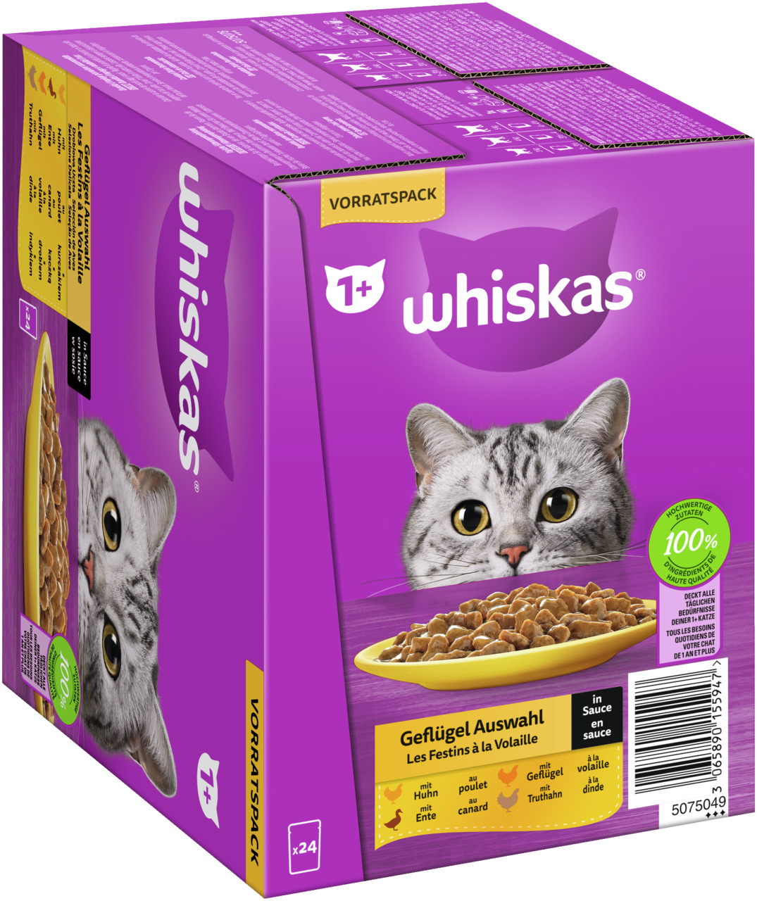 Whiskas Geflügel Auswahl in Sauce, Katzen ab 1 Jahr, Huhn-Ente-Truthahn-Geflügel, 24 Beutel, Vorratspack, 100 % ausgewogene Ernährung.