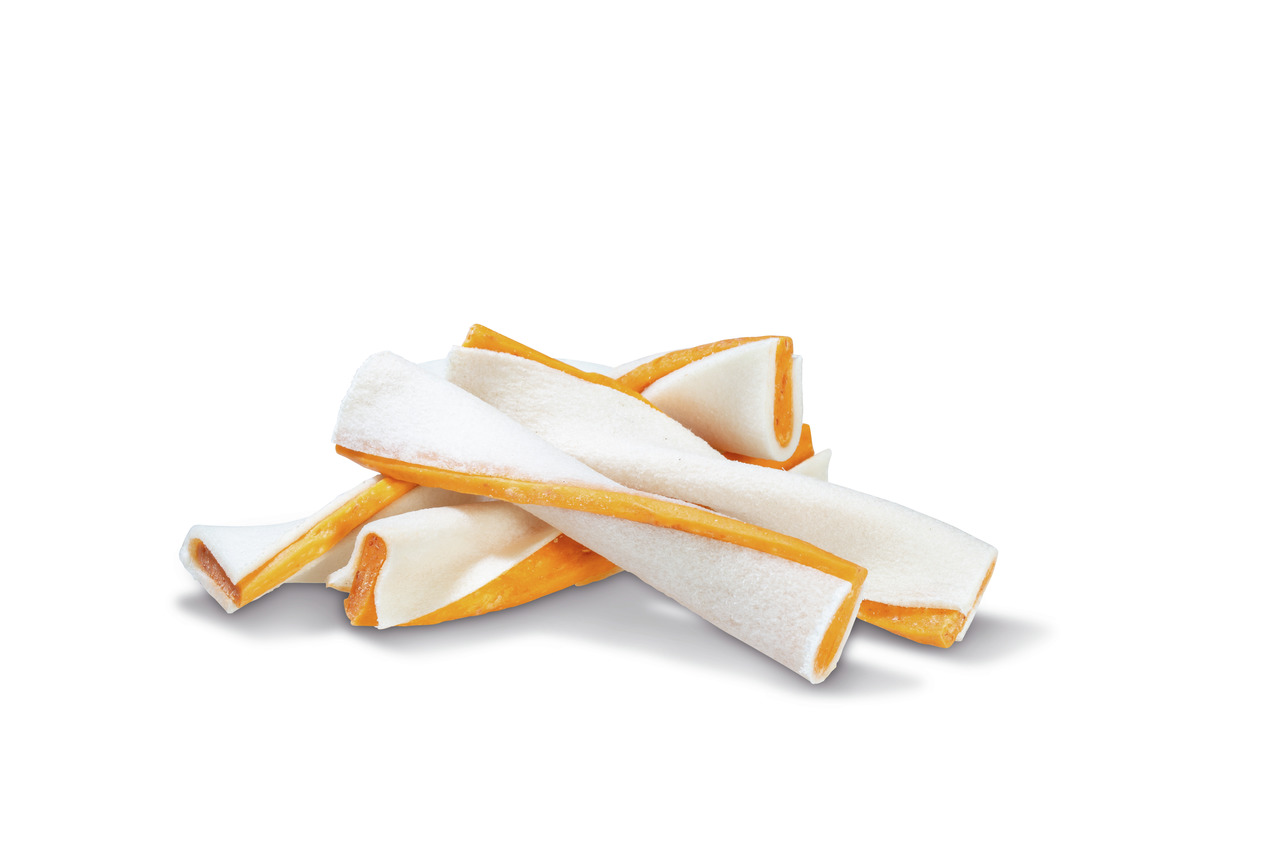 PREMIERE Kaustreifen für Hunde, Rinderhautkauen mit Hühnerfüllung, Zahnpflege, für alle Größen, 200 g.