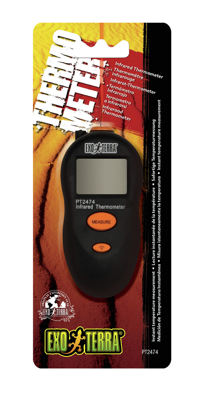 Das Bild zeigt das Exo Terra PT2474 Infrarot-Thermometer, ein handliches Gerät zur sofortigen Temperaturmessung in Terrarien. Es ist speziell für Reptilienhalter entwickelt und ermöglicht präzise Messungen ohne direkten Kontakt. Das schwarze Thermometer m