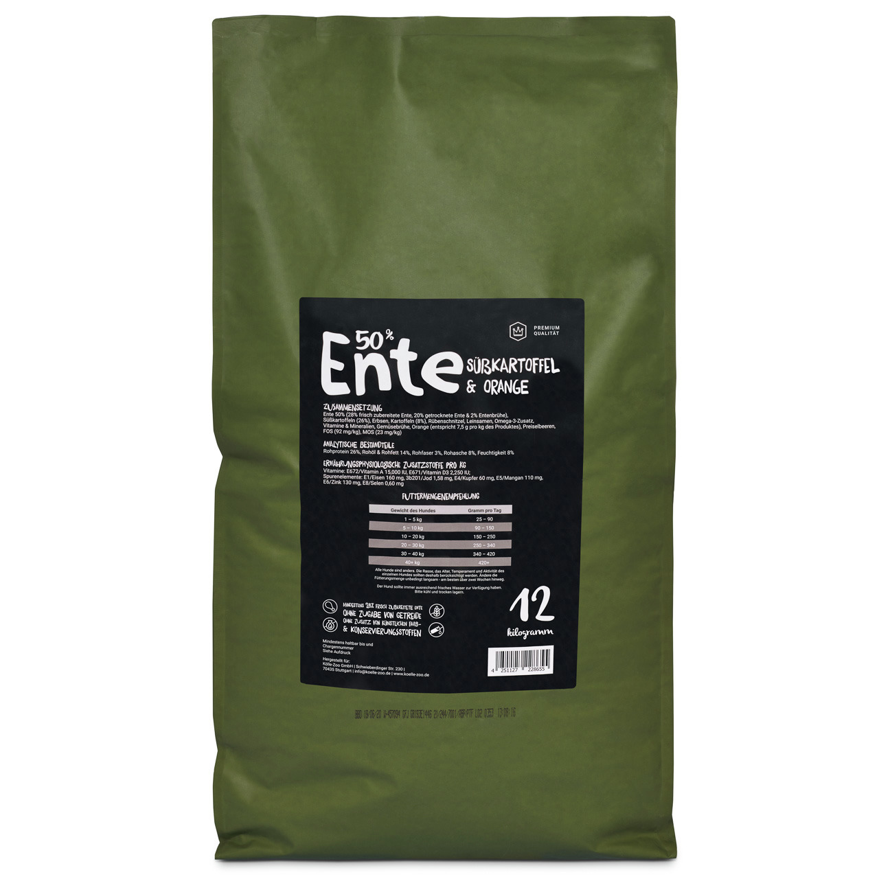 Lottis Häppchen Premium-Hundefutter, 50 % Ente, Süßkartoffel & Orange, für ausgewachsene Hunde, 12 kg.