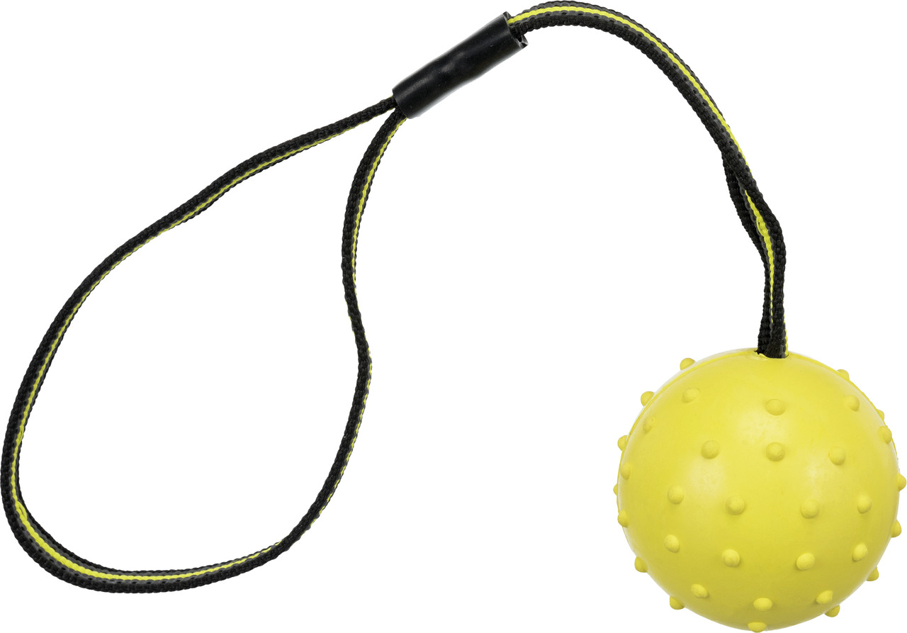 Gelbes Hundespielzeug der Marke TRIXIE, Modell "Ball am Seil", geeignet für Hunde aller Größen. Der Ball besteht aus robustem Gummi mit Noppen für Zahnpflege und Massageeffekt. Das schwarze Seil mit gelbem Streifen ermöglicht einfaches Werfen und Ziehen. 