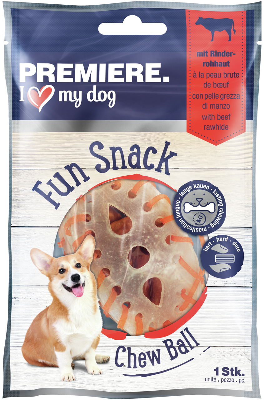 PREMIERE I love my dog Fun Snack Chew Ball: Kausnack für Hunde, Rinderrohhaut, langes Kauvergnügen, 1 Stk.