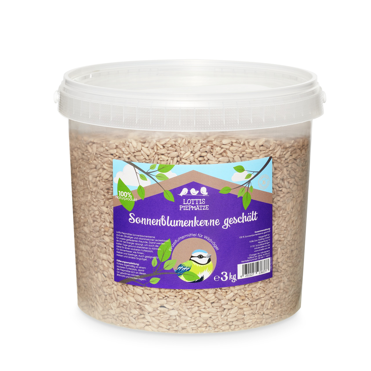 Ein transparenter Eimer mit 3 kg geschälten Sonnenblumenkernen der Marke Lottis Piepmätze. Das Produkt ist ein hochwertiges Ergänzungsfuttermittel für Wildvögel. Auf dem Etikett sind ein Vogelmotiv, der Schriftzug „100 % Naturprodukt“ und die Geschmacksri