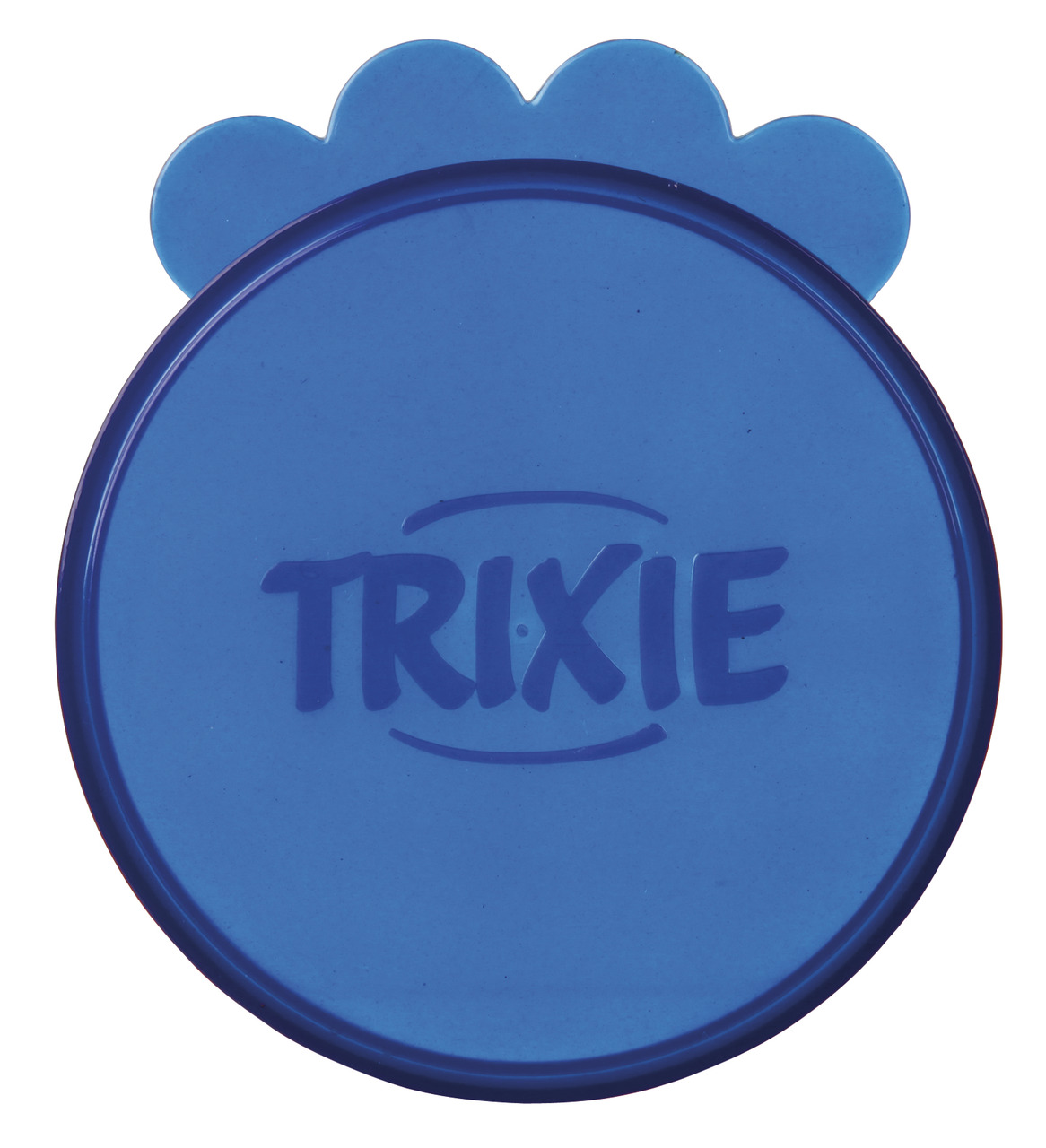 Blauer Deckel der Marke TRIXIE, speziell für Tiernahrungsdosen entwickelt. Zielgruppe sind Haustierbesitzer, die Futter frisch halten möchten. Der Deckel hat eine runde Form mit einer pfotenförmigen Lasche für einfaches Öffnen. Passend für Standarddosen, 