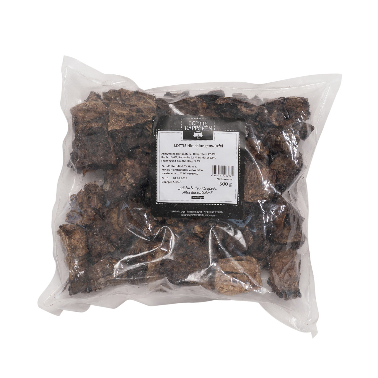 LOTTIS HÄPPCHEN Hirschlungenwürfel, Hundesnack für ausgewachsene Hunde, Geschmacksrichtung Hirsch, 500 g, ideal als Belohnung-Snack.