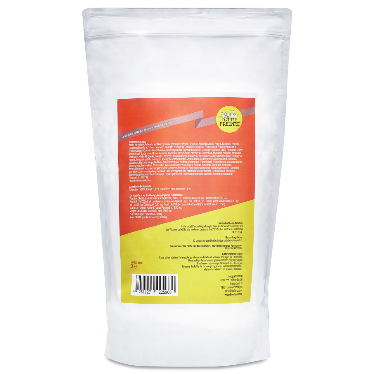 Lottis Freunde Trockenfutter für Hunde, 3 kg, farbenfrohes Etikett, enthält detaillierte Angaben zu Inhaltsstoffen.