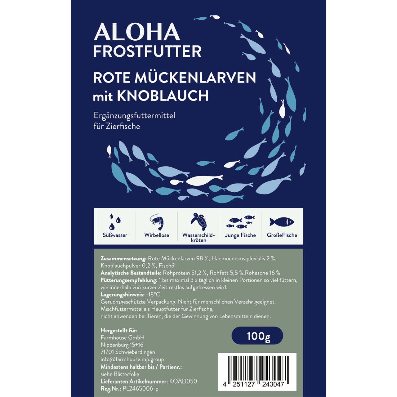 ALOHA Frostfutter Rote Mückenlarven m. Knoblauch, Ergänzungsfutter f. Zierfische, 100 g, f. Süßwasserfische, Wirbellose, Schildkröten.