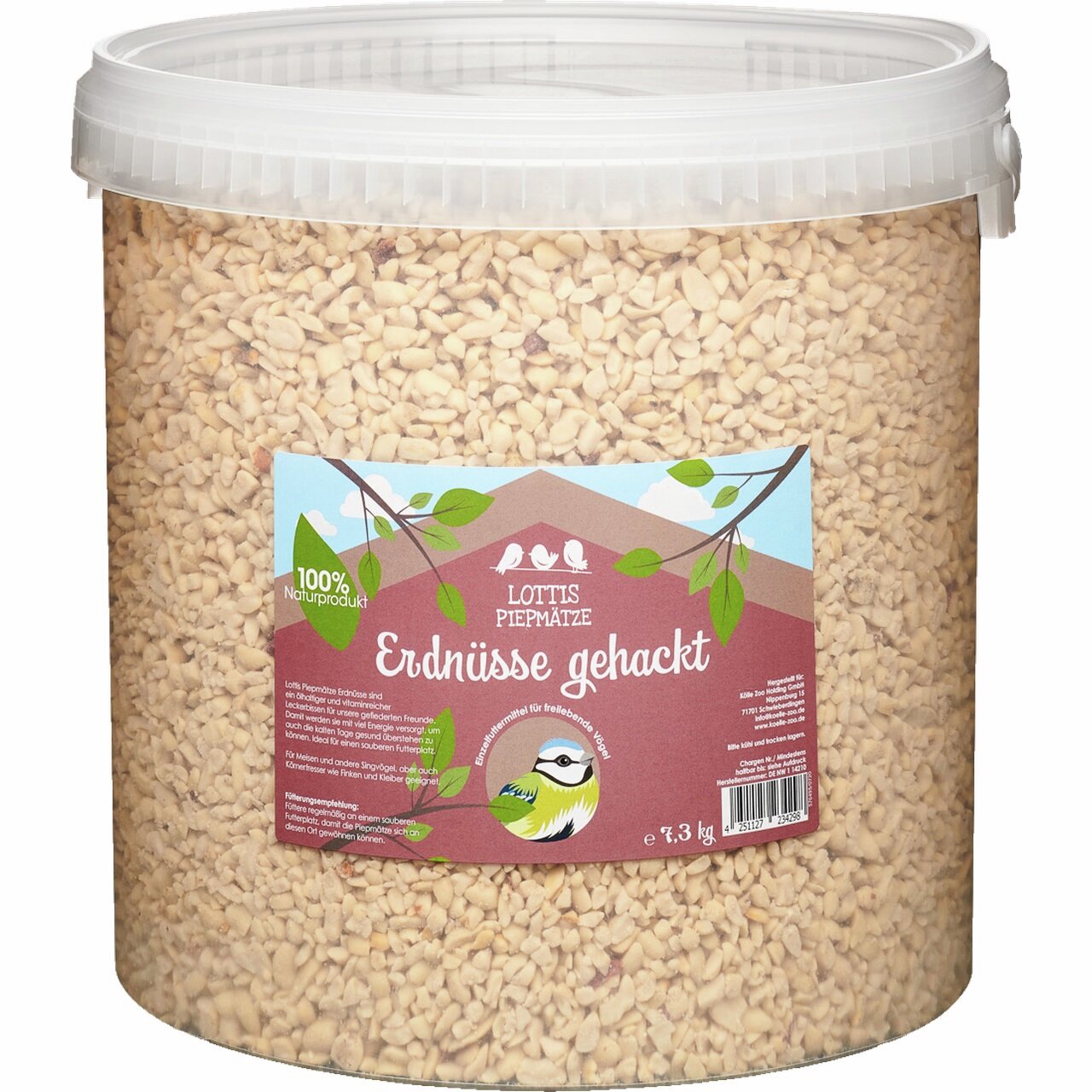 Lottis Piepmätze gehackte Erdnüsse, 7,3 kg, für Wildvögel, 100 % Naturprodukt, ideal zur Fütterung, mit Vogel-Illustration.