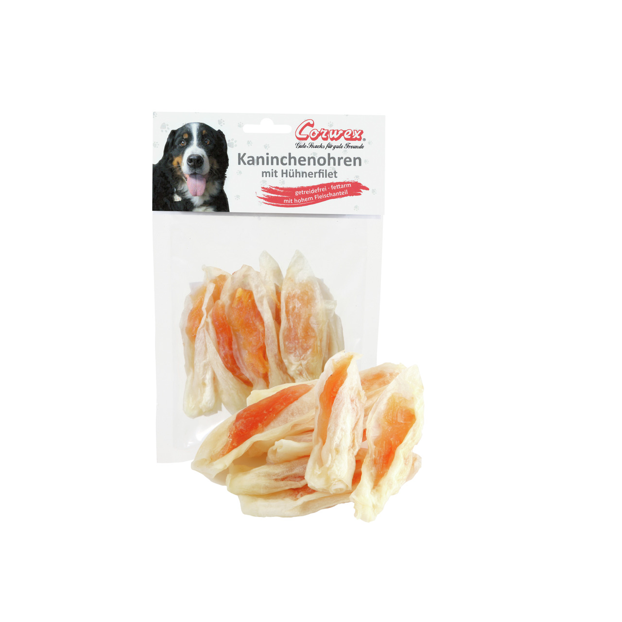 Corwex Kaninchenohren mit Hühnerfilet, getreidefreier, fettarmer Hundesnack, hoher Fleischanteil, mehrere Stücke sichtbar.