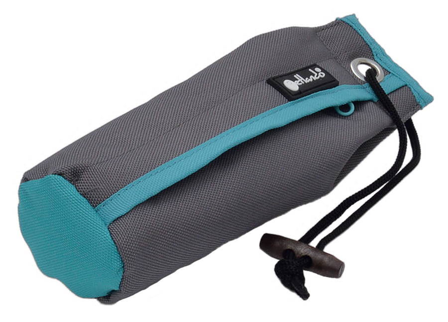 Petlando Dummy, Trainingsspielzeug für Hunde, grau/türkis, mit Kordelzug, ideal für Apportierübungen, für Hunde aller Größen.