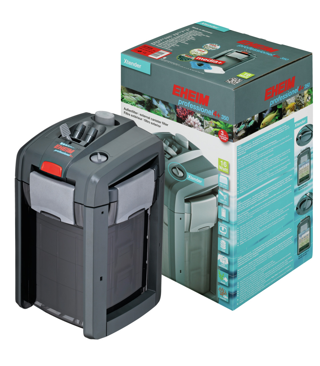 Das Bild zeigt den EHEIM professionel 4+ 350 Außenfilter für Aquarien, geeignet für Süß- und Meerwasseraquarien. Der Filter ist in einem modernen, grauen Design gehalten und wird zusammen mit der Verpackung präsentiert. Die Verpackung hebt Funktionen wie 