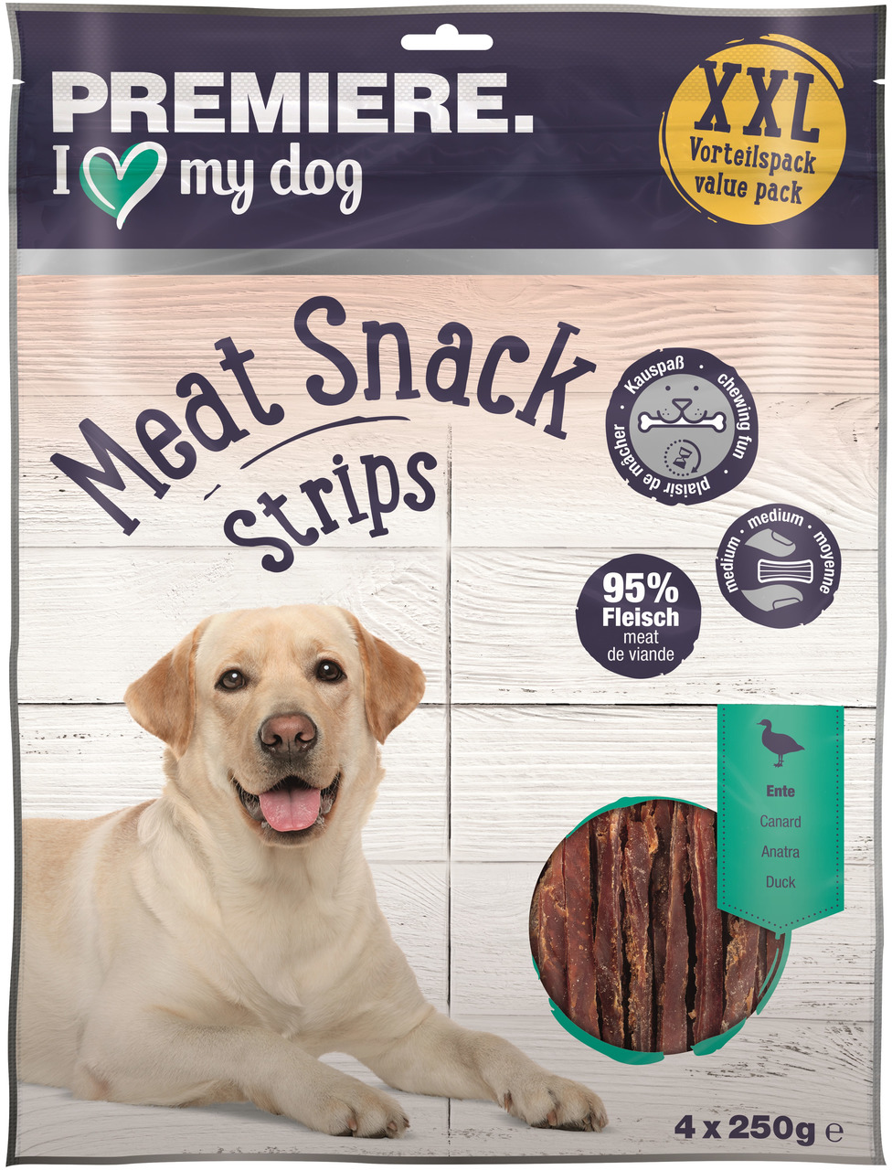 Das Bild zeigt eine Verpackung des Produkts "PREMIERE Meat Snack Strips" für Hunde. Die Geschmacksrichtung ist Ente, und es handelt sich um ein XXL-Vorteilspack mit 4 x 250 g. Die Snacks bestehen zu 95 % aus Fleisch und sind für mittelgroße Hunde geeignet