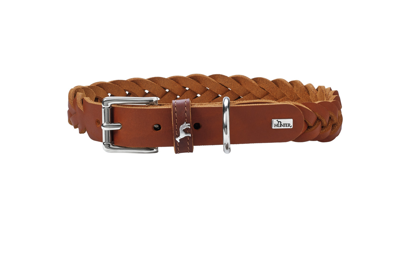 HUNTER Hundehalsband, Leder, braun, geflochten, für alle Hundegrößen, mit Metallschnalle, elegantes Design, ideal für Stil & Qualität.
