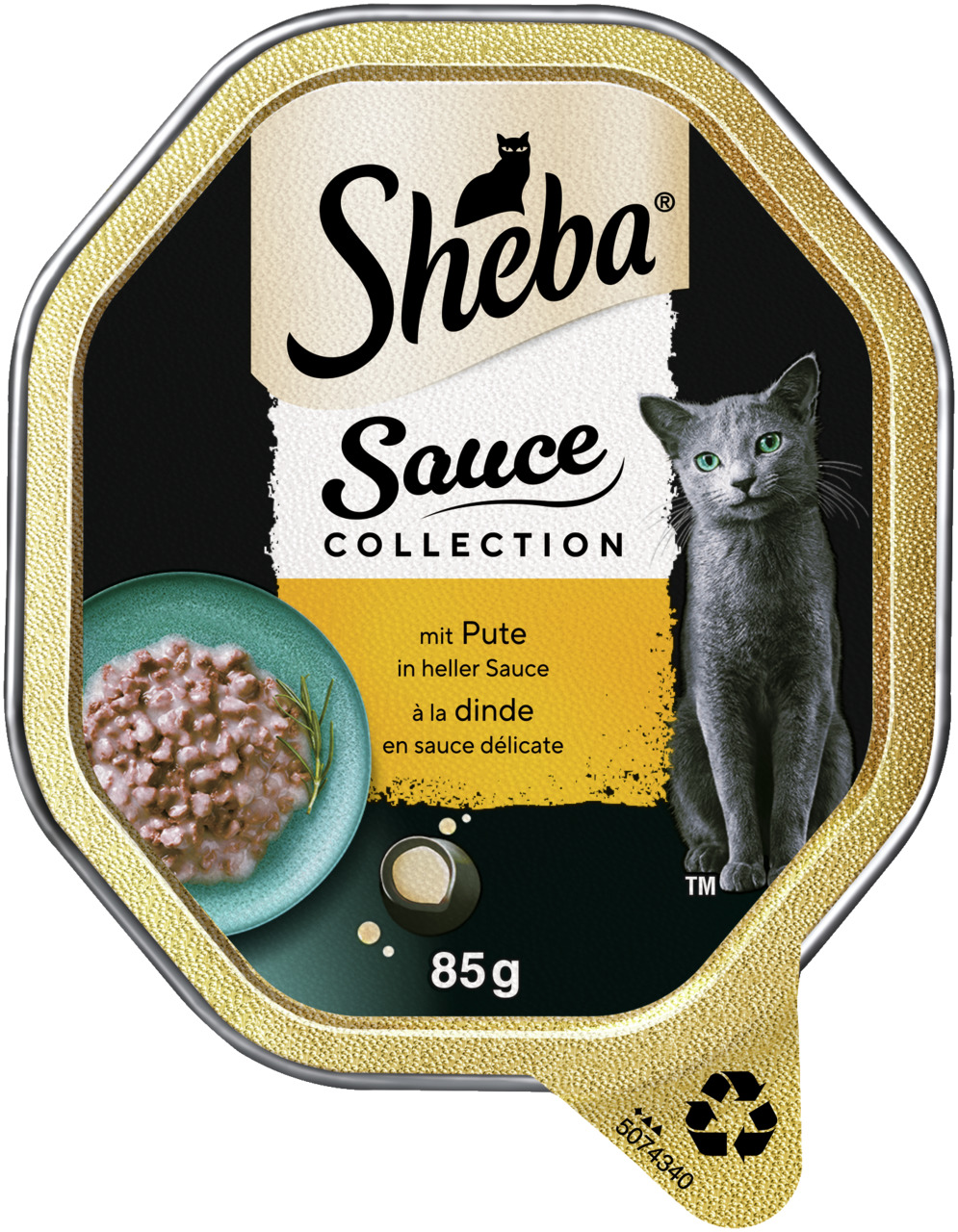 Sheba Sauce Collection, Katzenfutter, Pute in heller Sauce, 85 g, für Katzen, goldene Verpackung mit grauer Katze u. Futterabbildung.