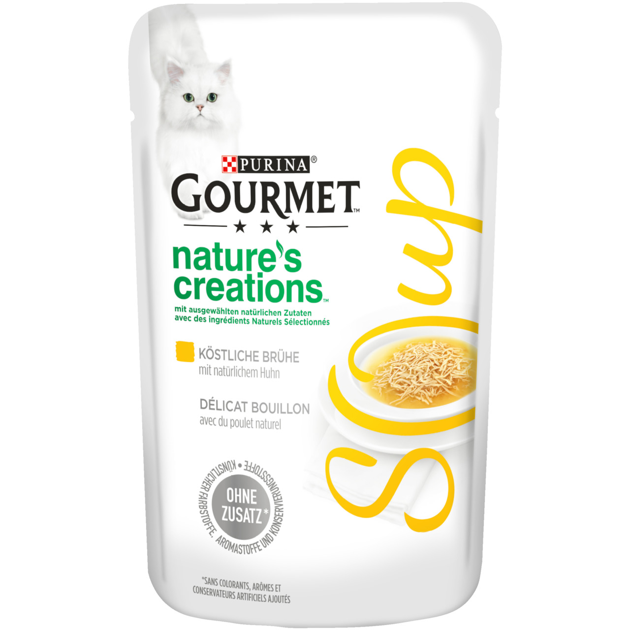 Das Bild zeigt eine Verpackung von Purina GOURMET Nature's Creations, einer Katzenfuttermarke. Es handelt sich um eine köstliche Brühe mit natürlichem Huhn, speziell für Katzen. Die Verpackung betont, dass keine Zusatzstoffe wie Farbstoffe, Aromen oder Ko