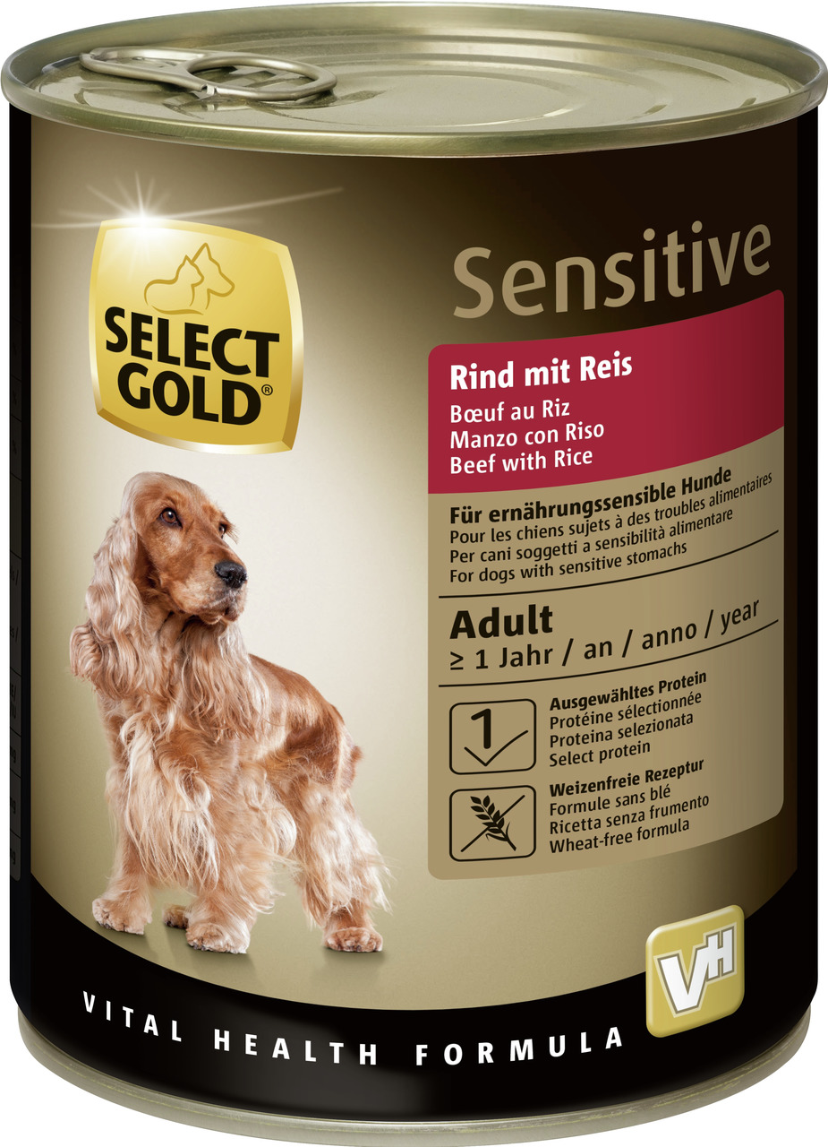 Select Gold Sensitive Hundefutter, Rind mit Reis, für ernährungssensible Hunde ab 1 Jahr, 400 g, weizenfrei, ausgewähltes Protein.