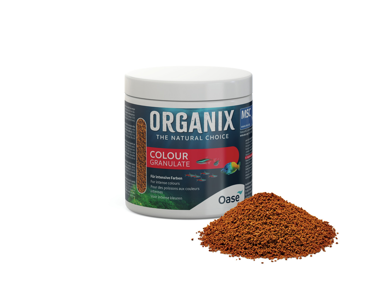 Das Bild zeigt das Fischfutter "Organix Colour Granulate" der Marke Oase, speziell entwickelt für Zierfische. Es handelt sich um ein Granulatfutter, das intensive Farben bei Fischen fördert. Die Verpackung ist eine weiße Dose mit blauem Etikett und rotem 