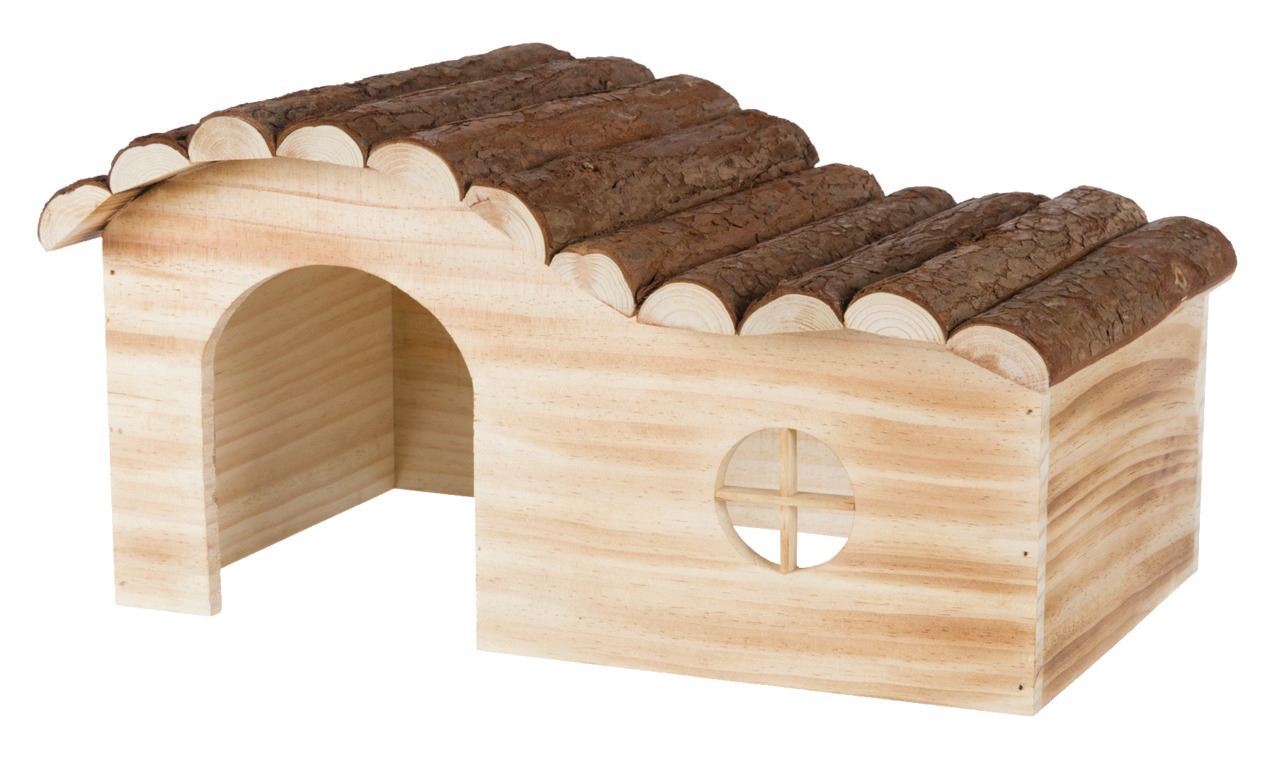 Holzhaus für Kleintiere der Marke TRIXIE, geeignet für Hamster, Mäuse und andere kleine Nager. Das Haus besteht aus unbehandeltem Naturholz mit einem Dach aus Baumrinde. Es verfügt über einen Eingang und ein rundes Fenster. Ideal als Rückzugsort und Schla