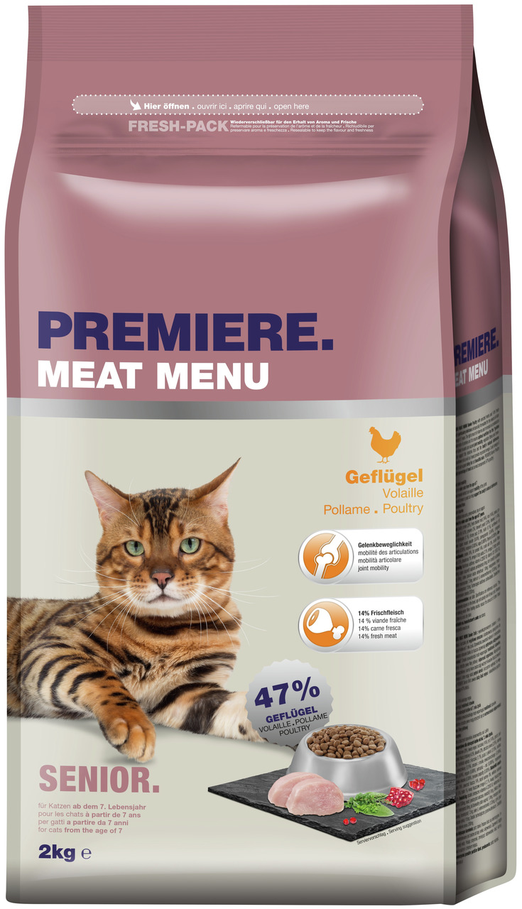 PREMIERE Meat Menu Senior, Geflügel, Katzen ab 7 J., 2 kg, 47 % Geflügel, 14 % Frischfleisch, fördert Gelenke, für ältere Katzen.