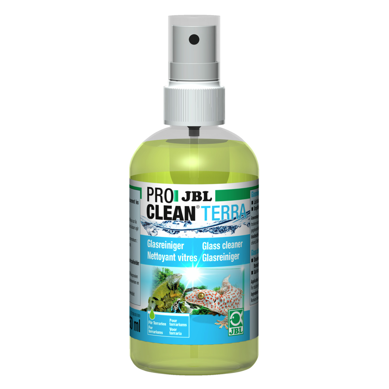 JBL Pro Clean Terra, Glasreiniger für Terrarien, 250 ml, für Terrarienbesitzer, mit Reptilien- & Pflanzenmotiven, speziell für Terrarien.