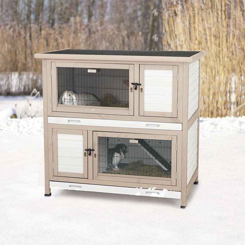 TRIXIE Kleintierstall Natura, für Kaninchen & Kleintiere, wetterfestes Holz, 2 Ebenen, Natur/Weiß, ideal für draußen.