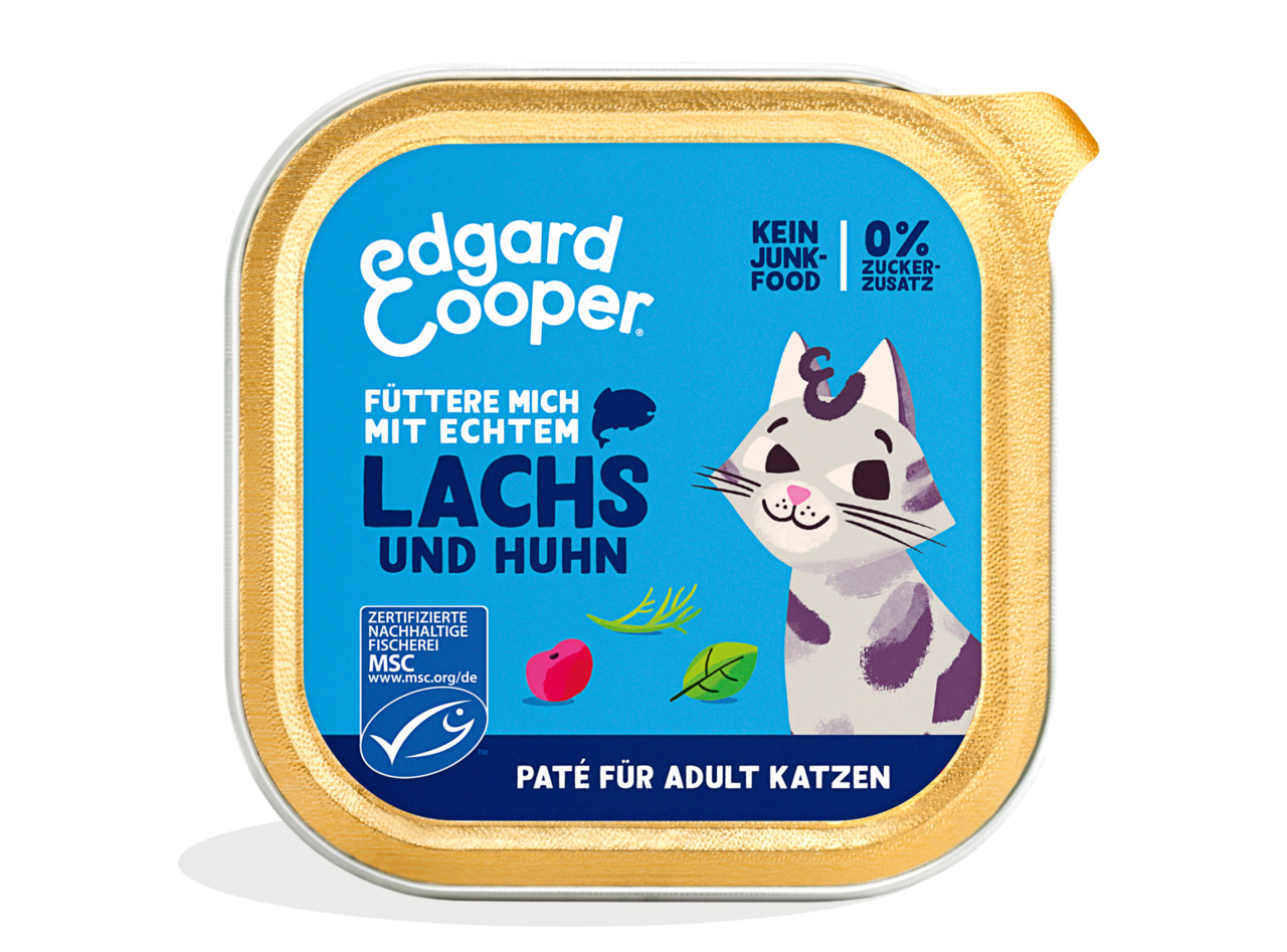 Edgard & Cooper Katzenfutter, erwachsene Katzen, Lachs & Huhn, „Kein Junk-Food“, „0 % Zuckerzusatz“, MSC, quadratische Dose.
