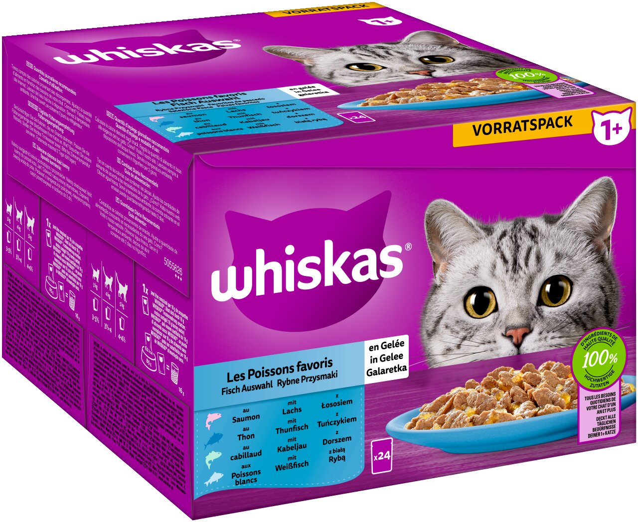 Whiskas „Les Poissons favoris“ Gelee, Katzen ab 1 J., Lachs-Thunfisch-Kabeljau-Weißfisch, 24 Beutel, 100 % ausgewogene Ernährung.