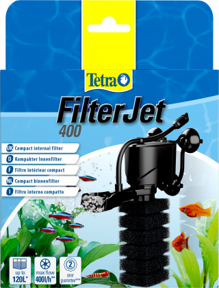 Tetra FilterJet 400: Innenfilter für Aquarien bis 120 l, 400 l-h, für Fische & Garnelen, mit Schwamm, kompakt, Verpackung blau.