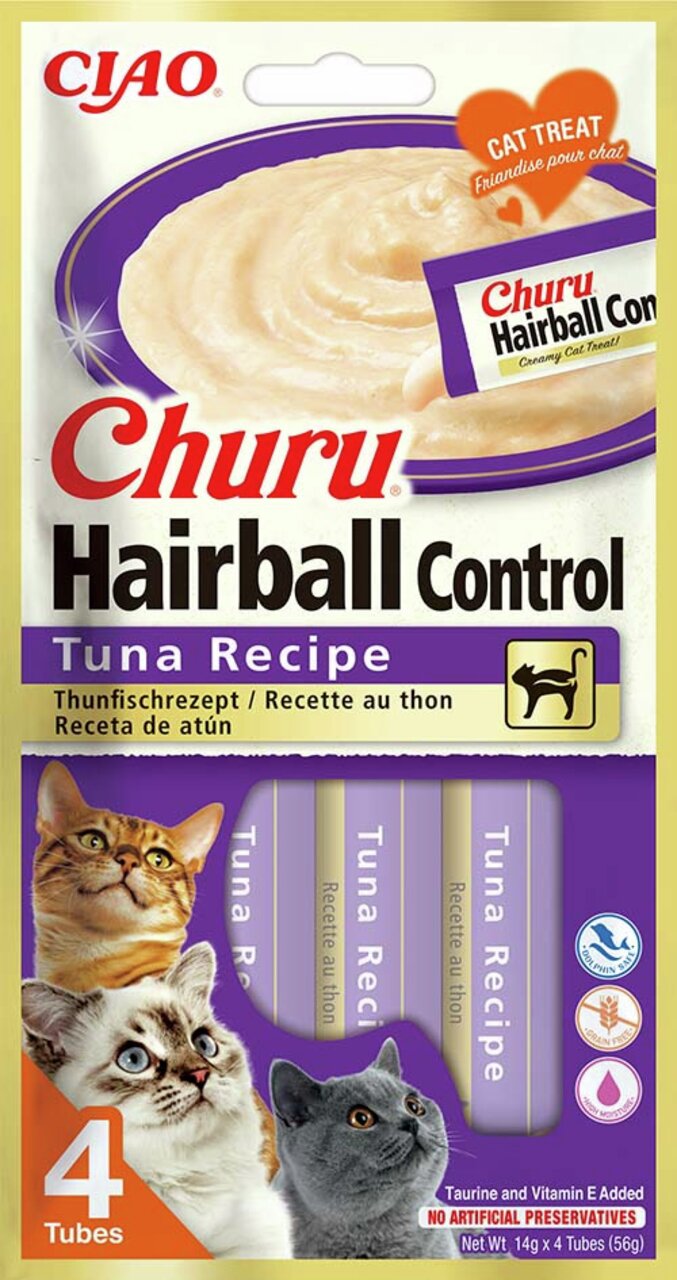 CIAO Churu Hairball Control, Thunfisch, für Katzen, mit Taurin und Vitamin E, 4 Tuben à 14 g, ohne künstliche Konservierungsstoffe.