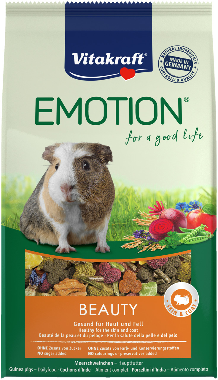 Vitakraft Emotion Beauty, Hauptfutter f. Meerschweinchen, Gemüse-Kräuter, gesunde Haut+Fell, 600 g, ohne Zuckerzusatz/Farbstoffe.