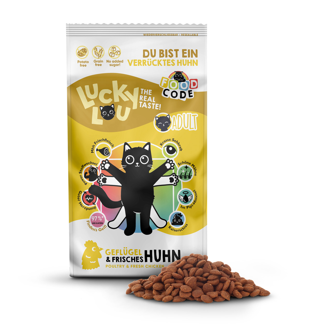 Das Bild zeigt eine Verpackung des Katzenfutters „Lucky Lou – Geflügel & Frisches Huhn“ für erwachsene Katzen. Die Marke „Lucky Lou“ wirbt mit 97 % tierischen Proteinen, ohne Getreide und Zuckerzusatz. Die Verpackung ist gelb mit einer schwarzen Katze als