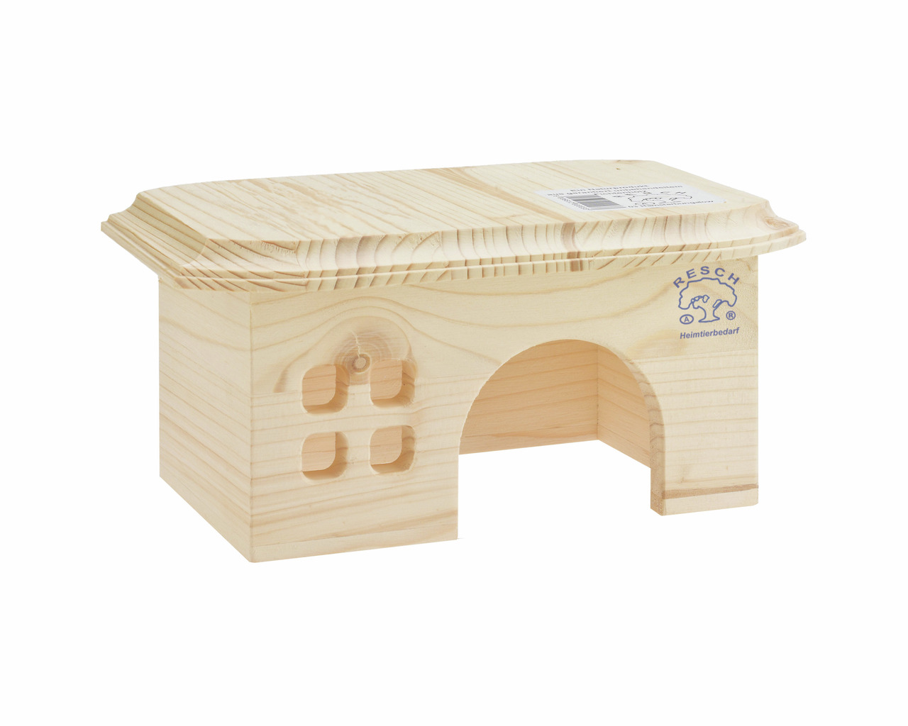 Resch Kleintierhaus, Holz, für Hamster/Meerschweinchen, flaches Dach, rundes Eingangsloch, Fenster, Rückzugsort, Maße auf Etikett.