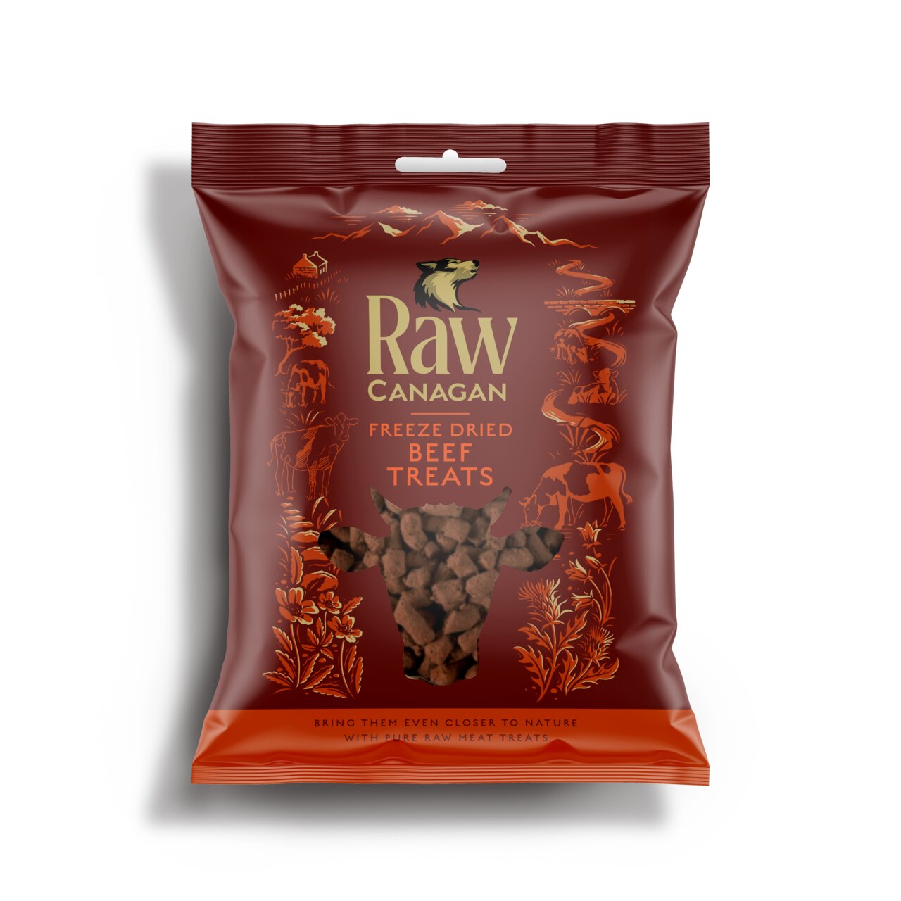 Gefriergetrocknete Rindfleisch-Leckerlis von Canagan für Hunde, natürliche Zutaten, 100 g Beutel mit kunstvollem Design.