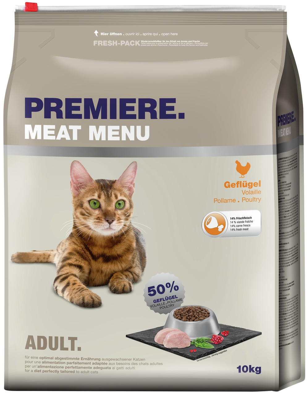 PREMIERE Meat Menu, 10 kg, für ausgewachsene Katzen, Geflügel (50 %, 14 % Frischfleisch), optimal abgestimmt auf Katzenbedürfnisse.