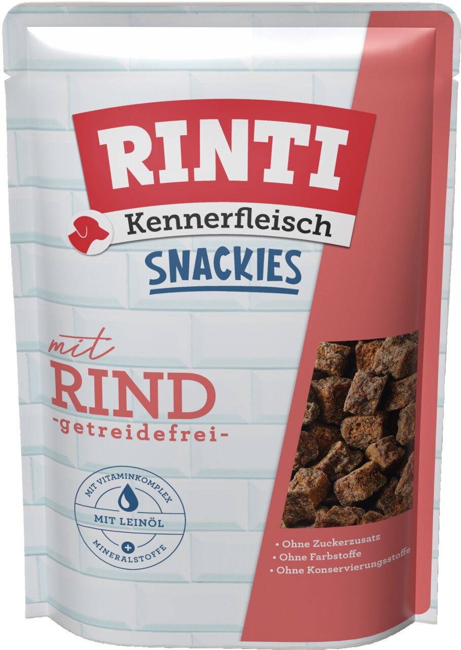 RINTI Kennerfleisch Snacks mit Rind, getreidefrei, für Hunde, ohne Zuckerzusatz, Leinsamen, ohne Farbstoffe, 100 g.