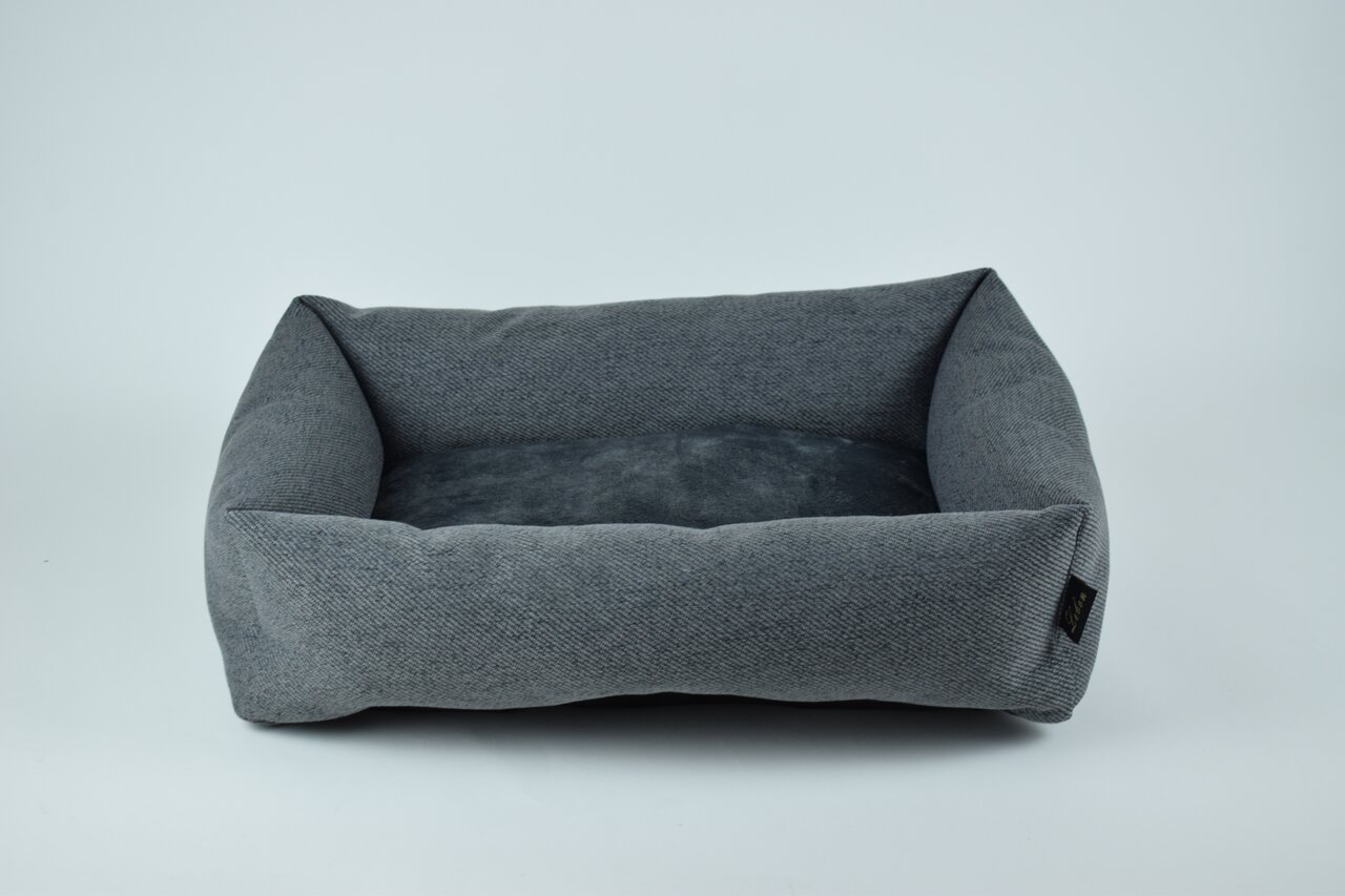 Graues Hunde--Katzenbett von LEBON, rechteckig, gepolstert, weicher Stoff, ideal für Haustiere mittlerer Größe, hoher Komfort.