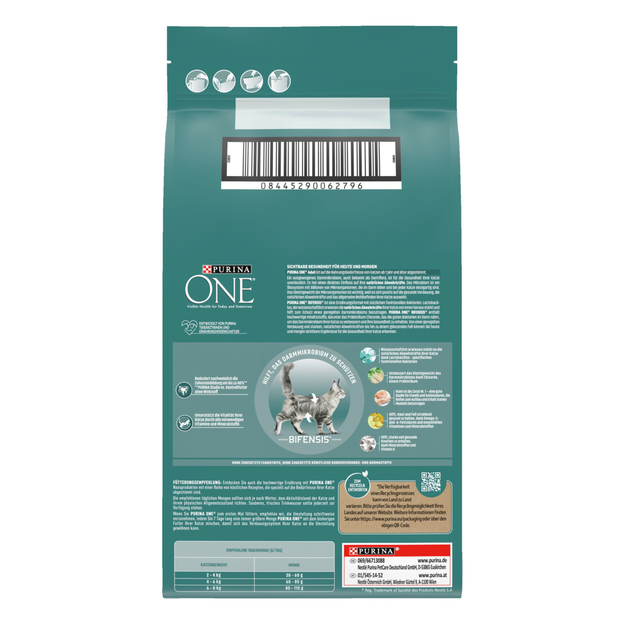 Das Bild zeigt die Rückseite einer Verpackung von Purina ONE Katzenfutter. Es handelt sich um ein Produkt für ausgewachsene Katzen, das mit der Bifensis-Formel beworben wird, um die Gesundheit von Haut und Fell zu unterstützen. Die Verpackung enthält deta