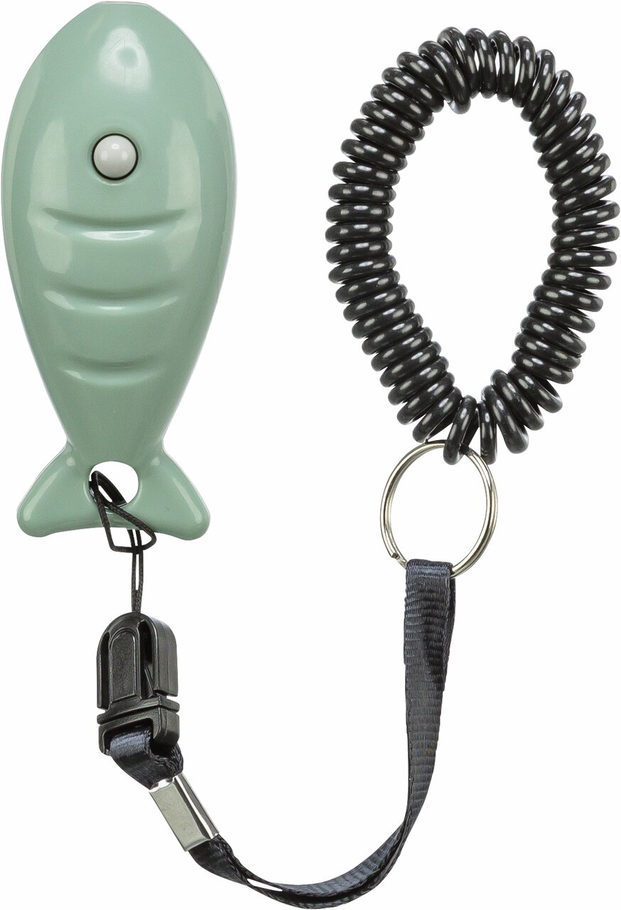 Grüne TRIXIE Clicker-Maus für Hunde und Katzen, mit Metallkette zur Befestigung, geeignet für effektives Training.