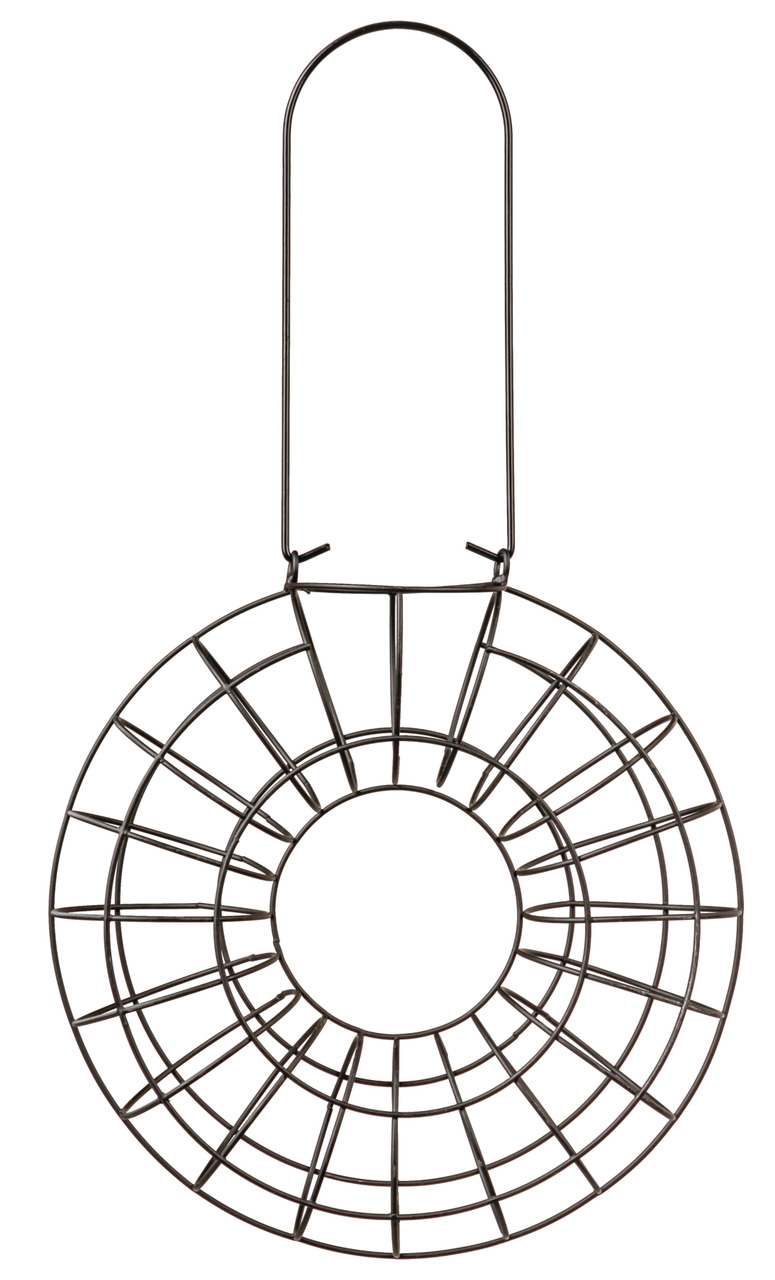 Rundes Metall-Futtergitter von TRIXIE, geeignet für Wildvögel. Das Gitter ist schwarz und hat eine zentrale Öffnung, ideal zum Befüllen mit Meisenknödeln. Zielgruppe: Wildvögel. Robustes Design für den Außenbereich. Maße und Menge nicht auf dem Bild erken