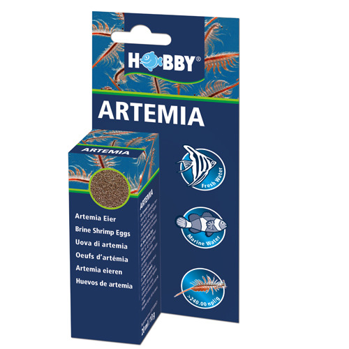 Das Bild zeigt das Produkt "HOBBY Artemia Eier", eine Verpackung mit Artemia-Eiern für die Fischzucht. Zielgruppe sind Aquarienbesitzer, die Fische in Süß- oder Meerwasser halten. Die Verpackung hebt die Frische und Qualität hervor und enthält 20.000 ml A