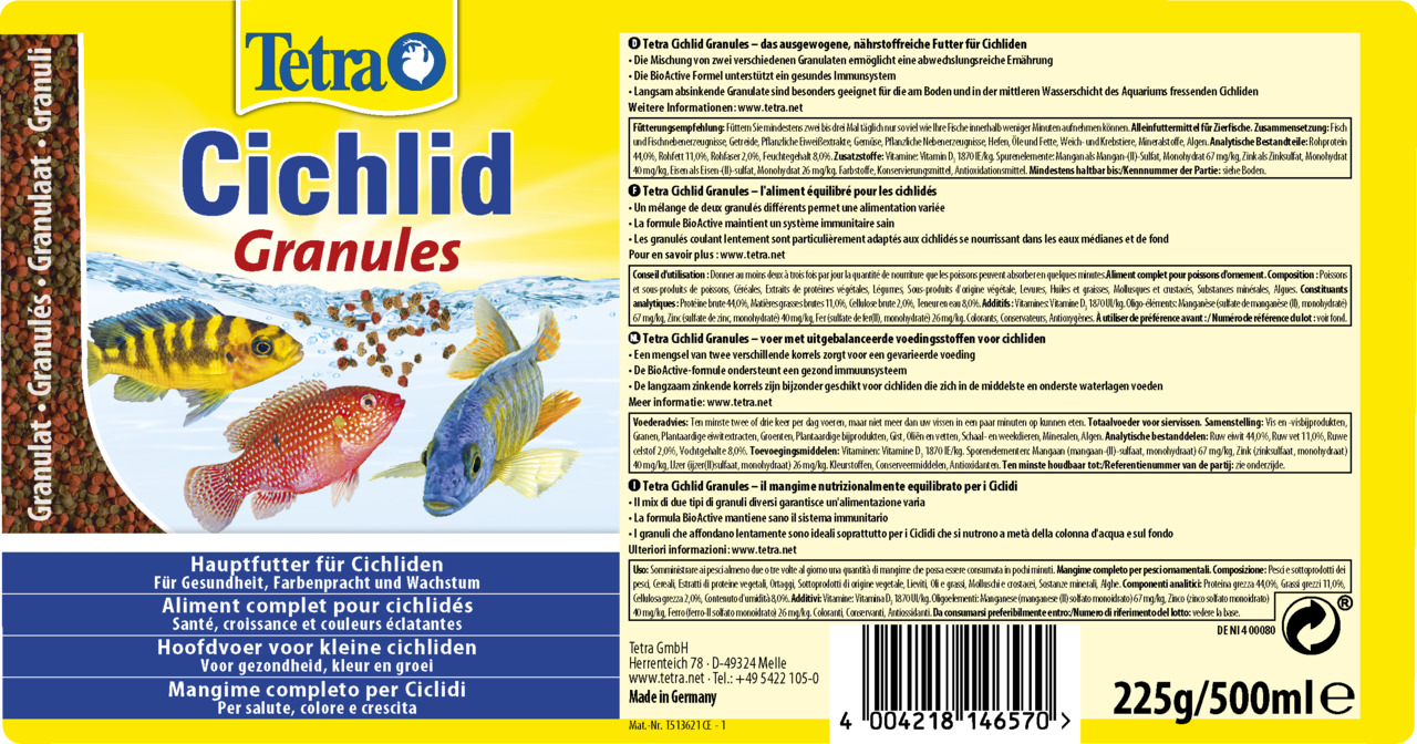 Tetra Cichlid Granules, Hauptfutter für Cichliden (Aquarienfische), 225 g-500 ml, fördert Gesundheit, Farbintensität & Wachstum.